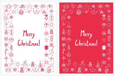 Premade handdrawn set of Christmas and New Year cards with winter holiday symbols and characters. Usable for banners, greeting cards, giftsのイラスト素材
