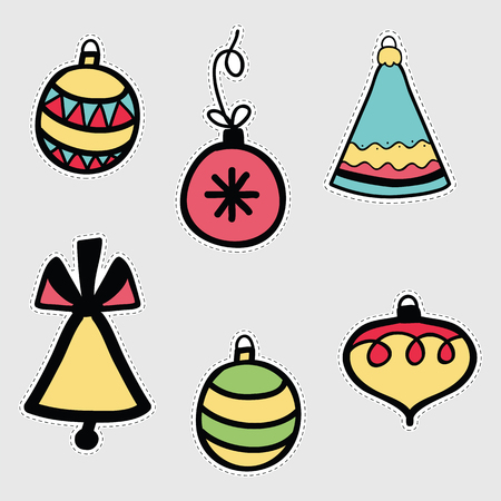 Holiday icons, patches, stickers.Isolated illustrations - great for stickers, embroidery, badges.Hand drawn decorations for a Christmas treeのイラスト素材