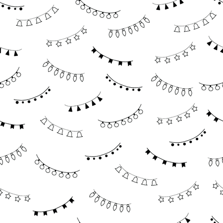 Hand drawn Merry Christmas and Happy New Year doodle seamless pattern with garlands.  Outline festive winter seamless patternのイラスト素材