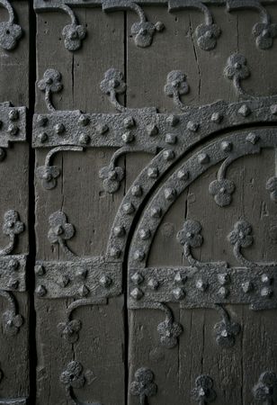 Section of an old gothic door showing the ironwork.  (in Brussels, Belgium)の写真素材
