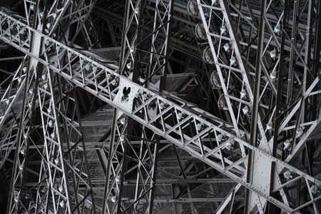 Abstract criss-crossing support structure of the Eiffel Tower.