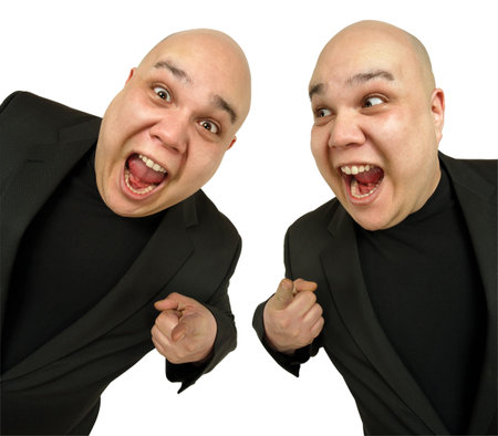 Two identical bald men pointing at you with excited looks on their faces.