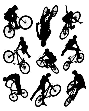 Series of silhouette photographs of bikers doing stunts. Some motion blur is visible on the wheels and spokes. Series of silhouette photographs of bikers doing stunts. Some motion blur is visible on the wheels and spokes.