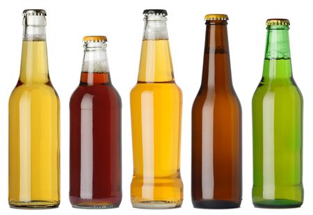 Photo of five different full beer bottles with no labels. Separate for each bottle included. Five separate photos merged together.の写真素材