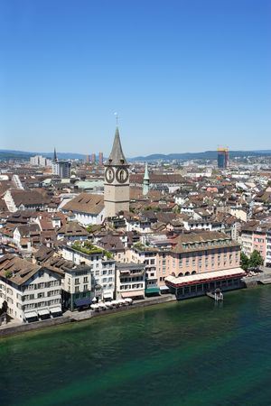 Cityscape of Zurich, Switzerland.  Taken from a church tower overlooking the Limmat River.の写真素材