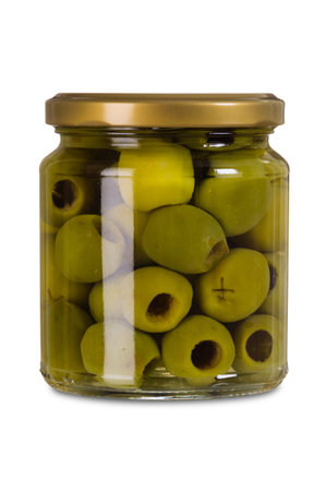 Photo of a jar of olives isolated over white background. 
の写真素材