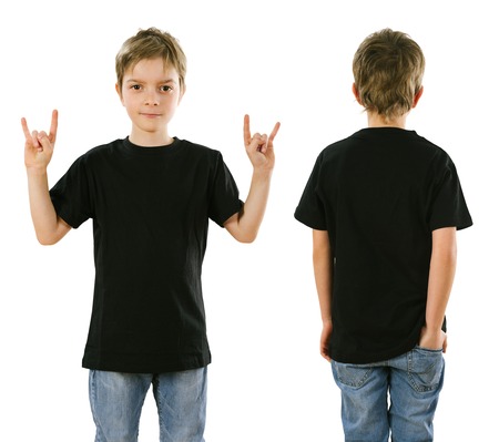 Young boy with blank black t-shirt, front and back. Ready for your design or artwork.の写真素材