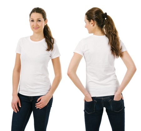 Young beautiful brunette female with blank white shirt, front and back. Ready for your design or artwork.の写真素材