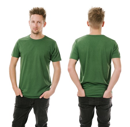 Photo of a man wearing blank green t-shirt, front and back. Ready for your design or artwork.の写真素材
