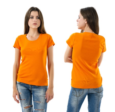 Photo of a young beautiful woman with blank orange shirt, front and back. の写真素材