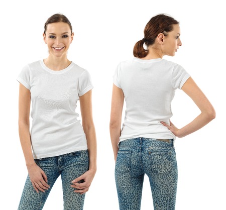 Photo of a beautiful brunette woman with blank white shirt. Ready for your design or artwork.の写真素材