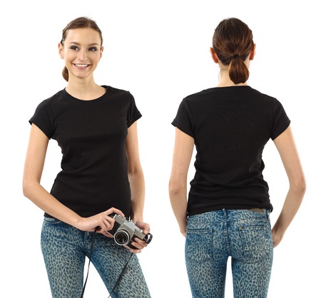 Photo of a beautiful brunette woman with blank black shirt. Ready for your design or artwork.の写真素材