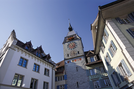 ZUG, SWITZERLAND ? October 4, 2009 ? Zytturm clocktower in the old town section of the city of Zug in Switzerland.のeditorial素材