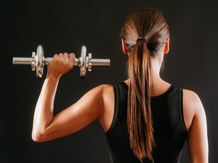 Photo of the back of a young woman doing a shoulder press with a dumbbell over a dark background.の写真素材