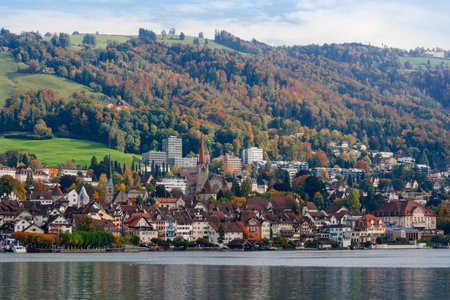 Photo of the city of Zug in Switzerland. Taken from across the lake of Zug during October.