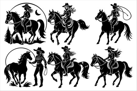 Explore a captivating set of hand-drawn cowgirl vector silhouettes featuring Wild West themes, horses, and lassos. Perfect for Western-inspired designs, ranch branding, rustic decoのイラスト素材