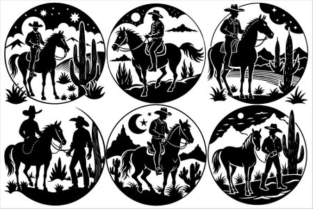Discover a stunning set of cowboy and riding horse silhouettes inspired by the Wild West. Perfect for Western-themed designs, ranch branding, rodeo posters, rustic decor, and creatのイラスト素材