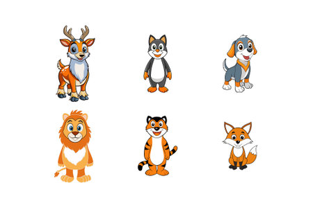 Discover a fun set of Gentoo cat, dog, lion, tiger, fox, and deer cartoon silhouette vector illustrations on a white background. Perfect for wildlife, pet, and cartoon-themed desigのイラスト素材