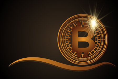 Glowing golden bitcoin currency digital economy and financial electronic symbol on dark backgroundのイラスト素材