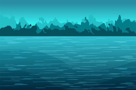 Natural landscape environment view with rock mountains, big sky, and lake or seawaterのイラスト素材