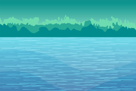 Natural landscape environment view with rock mountains, big sky, and lake or seawaterのイラスト素材