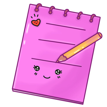 Illustration of a pink notebook with a pencil in the shape of a heartのイラスト素材