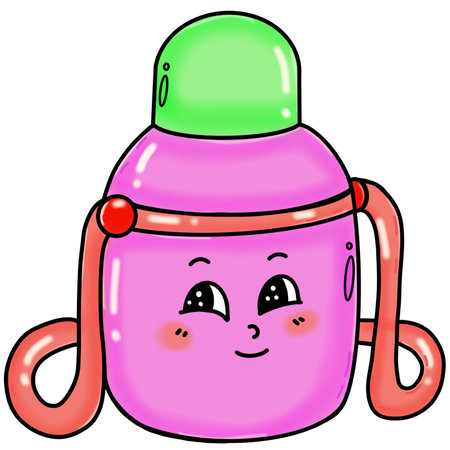 Illustration of a pink baby bottle with a happy face on a white backgroundのイラスト素材