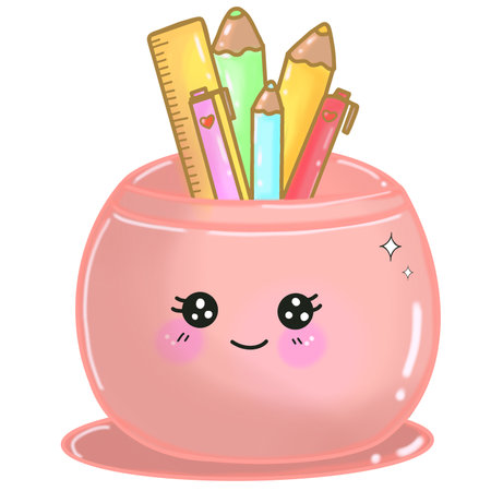 Cute pink pot with pencils and ruler. Vector illustration.のイラスト素材