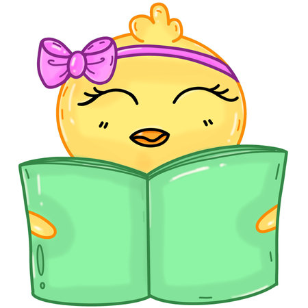 Illustration of a Cute Baby Girl Reading a Book While Wearing a Pink Bowのイラスト素材