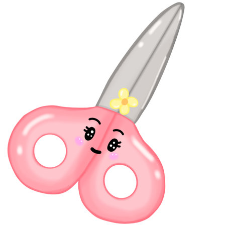 Illustration of a cartoon pink scissors with a cute face on a white backgroundのイラスト素材
