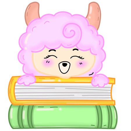 Cute cartoon alpaca sitting on a stack of books.のイラスト素材