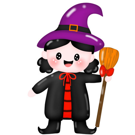 girl witch cartoon. little sorceress with broom in black hat and dress, bat cat stars moon magic costume character image halloween vector illustrationのイラスト素材