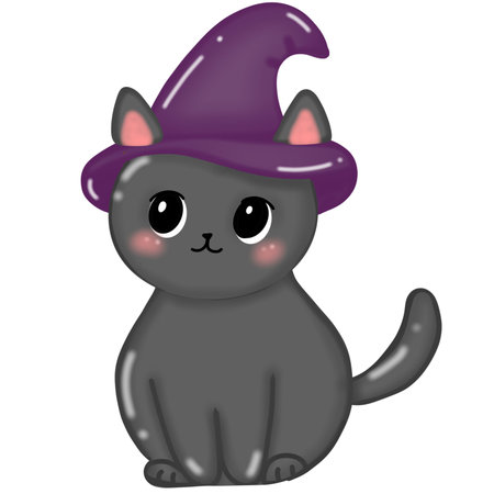 Black cat wearing witch hat halloween costume isolated on transparent backgroundのイラスト素材