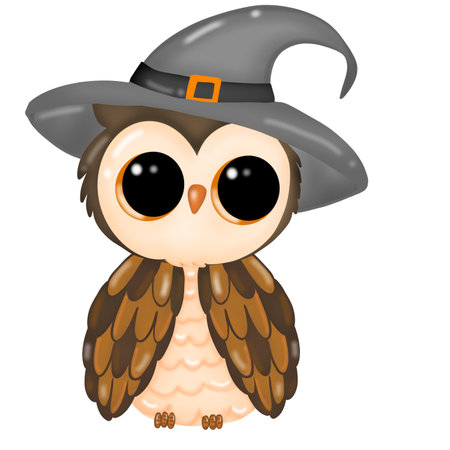 Cute black owl wearing a Halloween witch hat isolated on white background.のイラスト素材