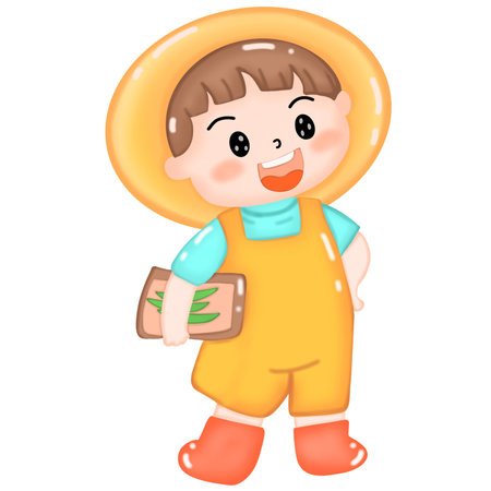 Vector cartoon illustration of a kid wearing a straw hat, orange shirt and blue overalls, holding a bag of seeds.のイラスト素材
