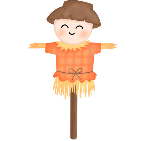 Happy smiling scarecrow character. Vector flat cartoon graphic design banner poster conceptのイラスト素材