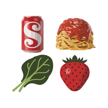 Vector illustration of a can of ketchup, spaghetti and strawberry.のイラスト素材