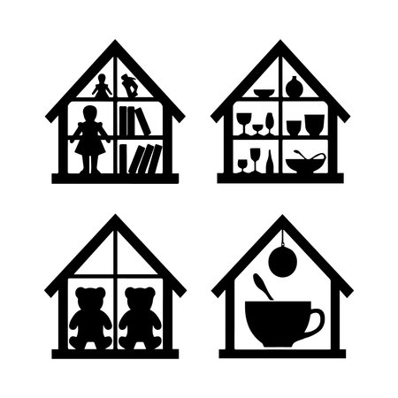 set of icons in the form of a house with children, vector illustrationのイラスト素材