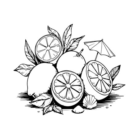 Lemon and lime fruits with leaves. Hand drawn vector illustration.のイラスト素材
