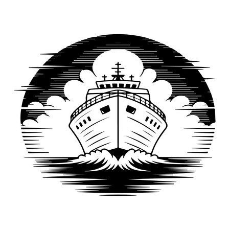 Cruise ship in the sea. Black and white vector illustration.のイラスト素材