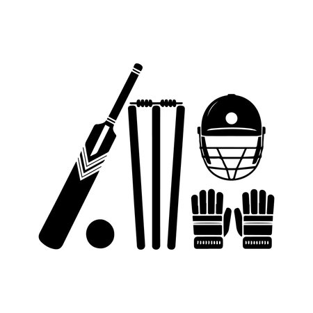 cricket bats and balls icon over white background, silhouette style, vector illustrationのイラスト素材