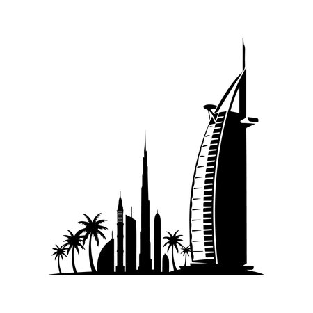 Dubai city skyline silhouette. Modern skyscrapers and palm trees. Vector illustration.のイラスト素材