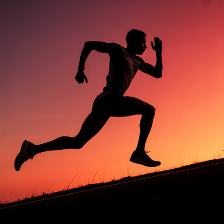 Runner athlete running on sunset background. Silhouette of a man.の素材