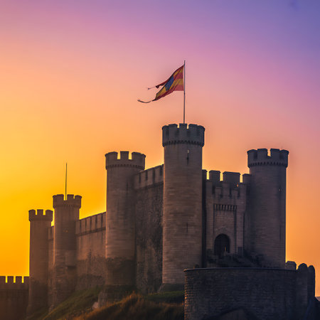 Medieval castle and flag at sunset. Medieval fortress with towers, walls and towers.の素材