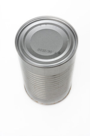 Canned food isolated on white, no label shot at 45 degrees from above