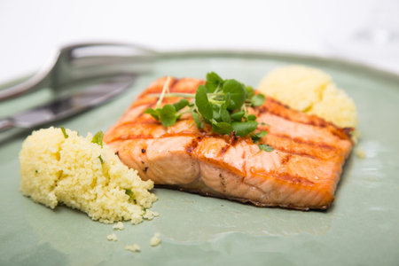 Grilled salmon fillet on a plate shot against white backgroundの写真素材