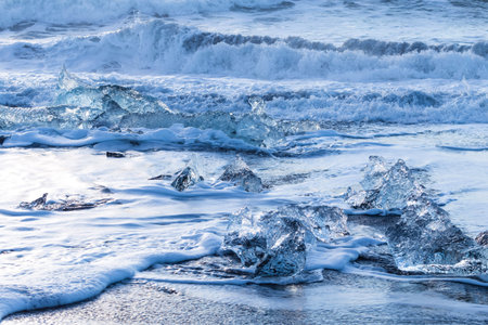 chunks of glacial ice melting in the waves on a beach in Iceland