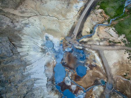 Aerial view of a geothermal hotspot in Iceland, blue mudpools with red and orange colored clay.の写真素材