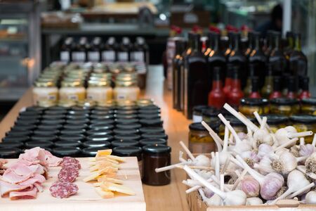 Healthy food, Garlic and Green beans in paper bags at a farmers market after harvestの写真素材