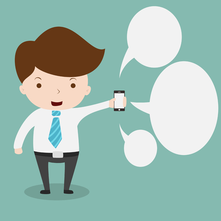 Businessman showing smartphone with bubble chat.のイラスト素材